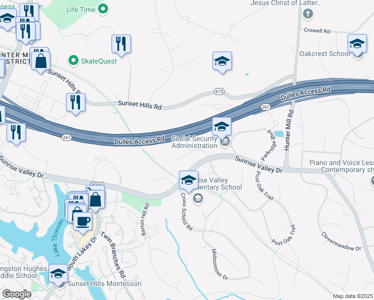 map of restaurants, bars, coffee shops, grocery stores, and more near 1801 Alexander Bell Drive in Reston