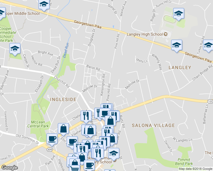 map of restaurants, bars, coffee shops, grocery stores, and more near 6706 Melrose Drive in McLean