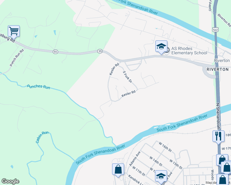 map of restaurants, bars, coffee shops, grocery stores, and more near 1175 Brook Court in Front Royal