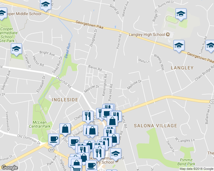 map of restaurants, bars, coffee shops, grocery stores, and more near 6712 Melrose Drive in McLean