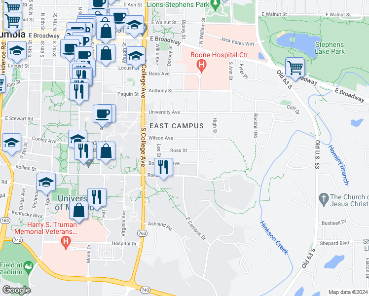 map of restaurants, bars, coffee shops, grocery stores, and more near 1503 Ross Street in Columbia