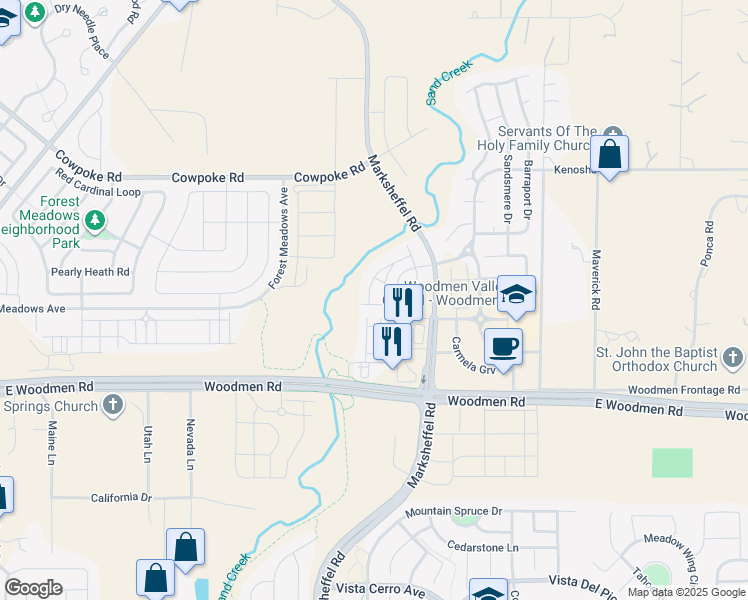 map of restaurants, bars, coffee shops, grocery stores, and more near 7749 Frigid Air Pt in Colorado Springs