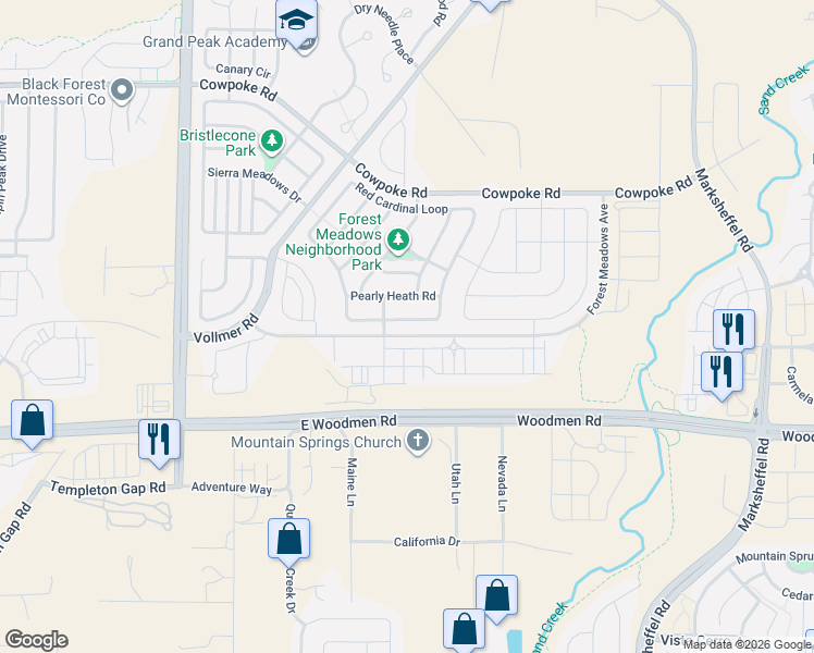 map of restaurants, bars, coffee shops, grocery stores, and more near 6991 Red Cardinal Loop in Colorado Springs