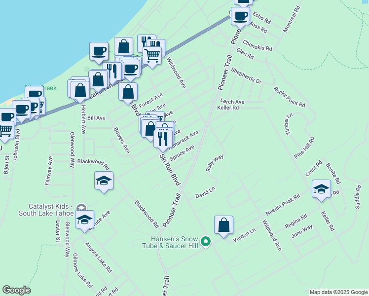 map of restaurants, bars, coffee shops, grocery stores, and more near 1170 Sonora Avenue in South Lake Tahoe