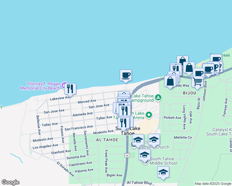 map of restaurants, bars, coffee shops, grocery stores, and more near 963 Lakeview Avenue in South Lake Tahoe