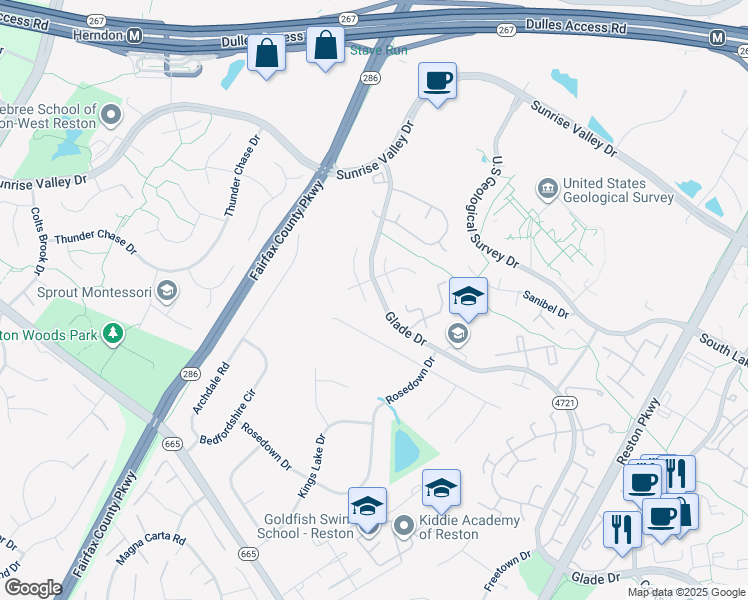map of restaurants, bars, coffee shops, grocery stores, and more near 12254 Angel Wing Court in Reston