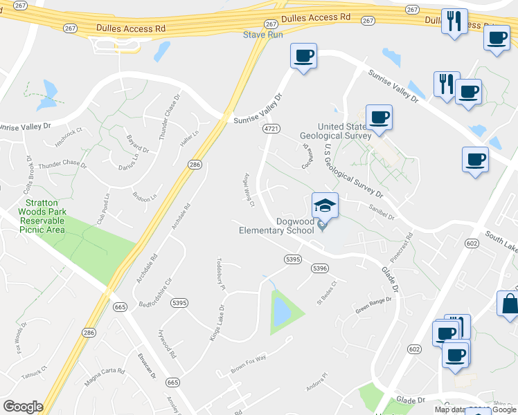 map of restaurants, bars, coffee shops, grocery stores, and more near 12254 Angel Wing Court in Reston