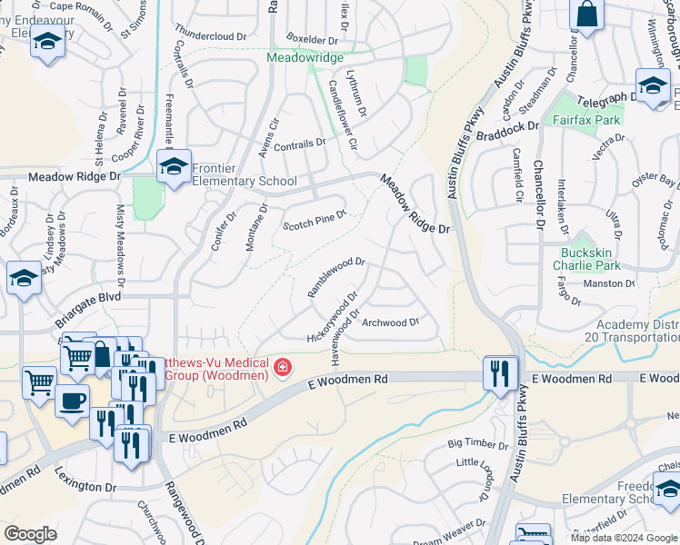 map of restaurants, bars, coffee shops, grocery stores, and more near 4910 Ramblewood Drive in Colorado Springs