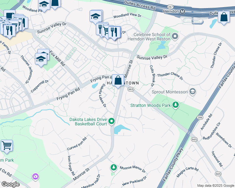 map of restaurants, bars, coffee shops, grocery stores, and more near 2456 Leyland Ridge Road in Herndon