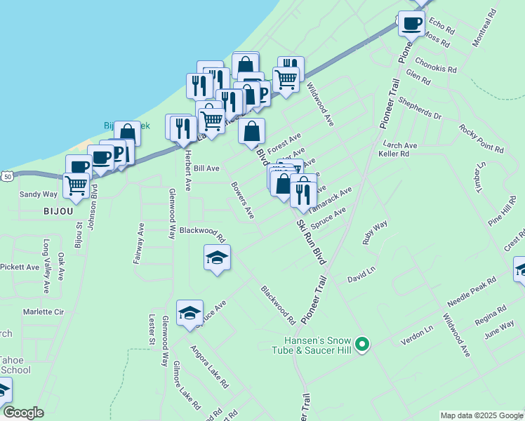 map of restaurants, bars, coffee shops, grocery stores, and more near 3610 Larch Avenue in South Lake Tahoe