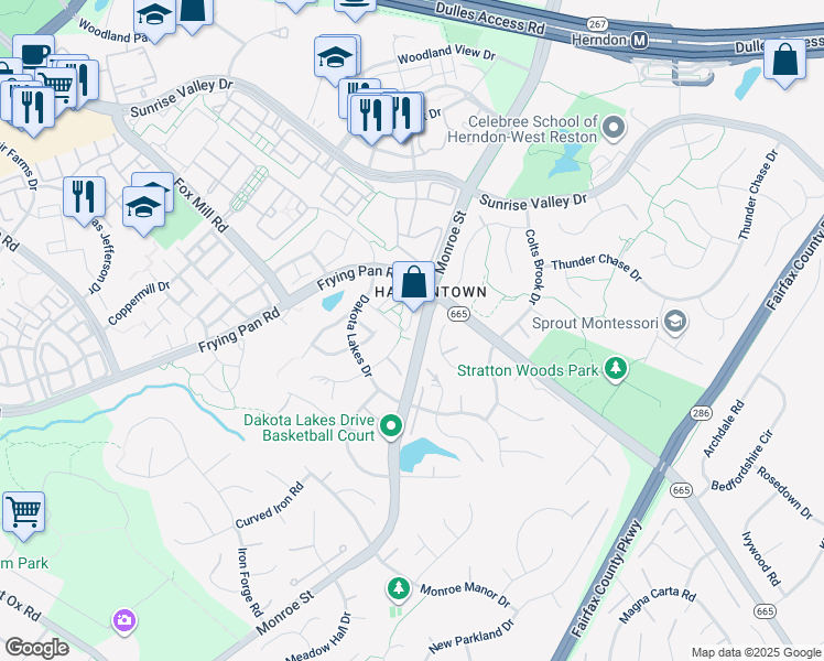 map of restaurants, bars, coffee shops, grocery stores, and more near 2456 Leyland Ridge Road in Herndon