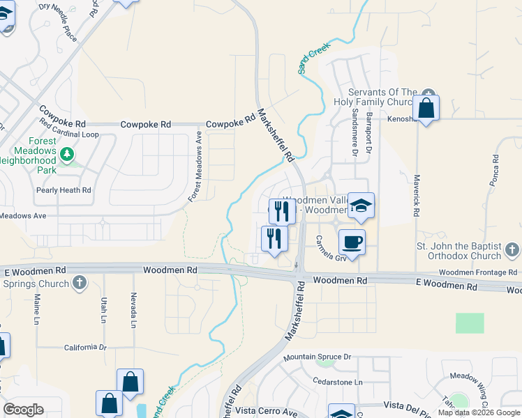 map of restaurants, bars, coffee shops, grocery stores, and more near 7749 Frigid Air Pt in Colorado Springs