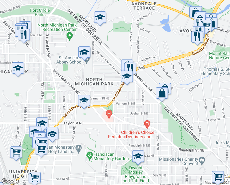 map of restaurants, bars, coffee shops, grocery stores, and more near 1720 Michigan Avenue Northeast in Washington