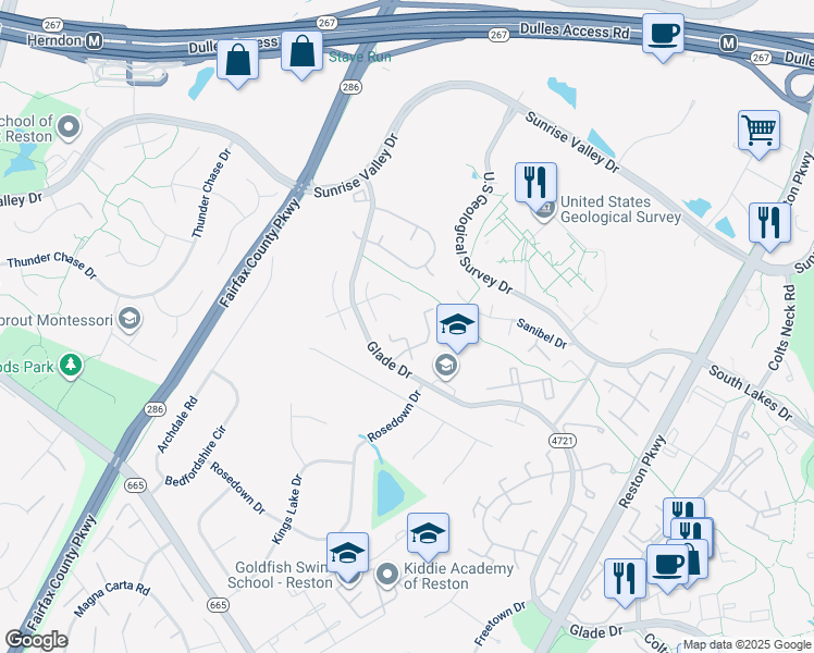 map of restaurants, bars, coffee shops, grocery stores, and more near 2248 White Cornus Lane in Reston