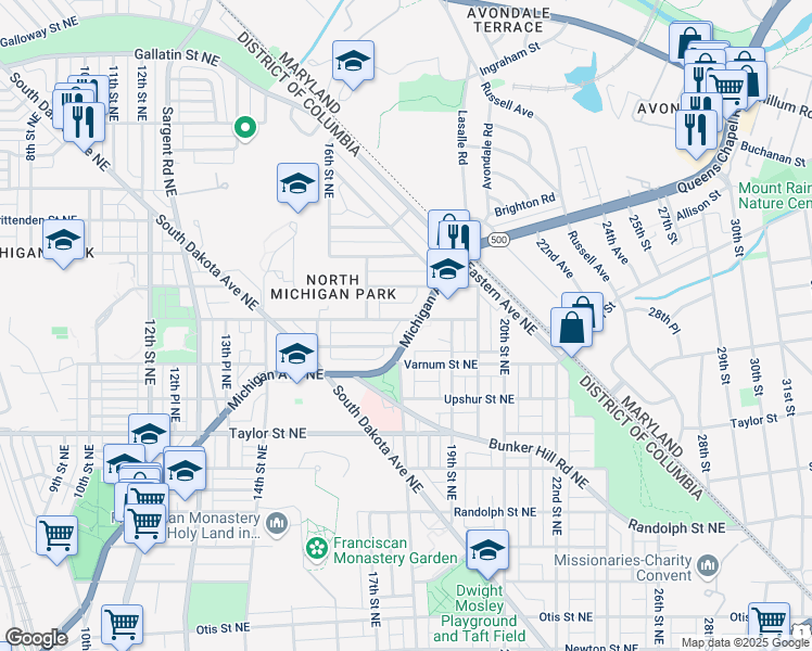 map of restaurants, bars, coffee shops, grocery stores, and more near 1720 Michigan Avenue Northeast in Washington