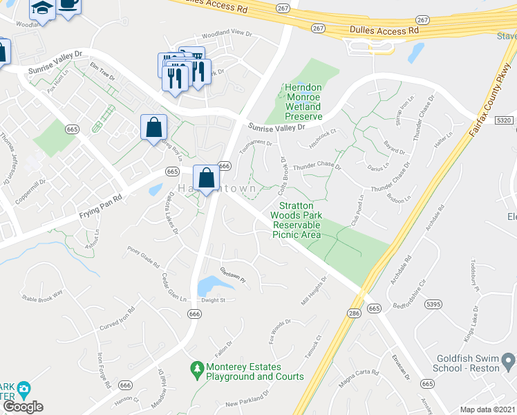 map of restaurants, bars, coffee shops, grocery stores, and more near 2332 Colts Brook Drive in Reston