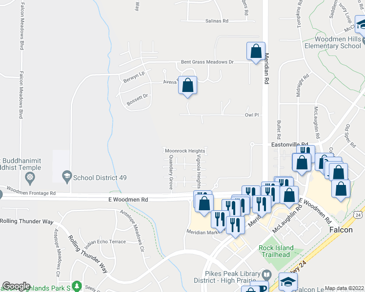 map of restaurants, bars, coffee shops, grocery stores, and more near 11474 Moonrock Heights in Peyton