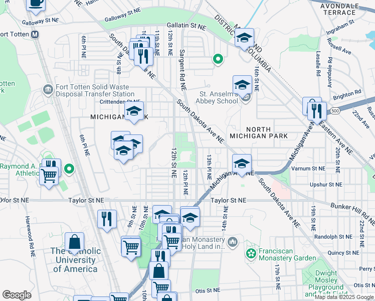 map of restaurants, bars, coffee shops, grocery stores, and more near 1223 Wynton Place Northeast in Washington