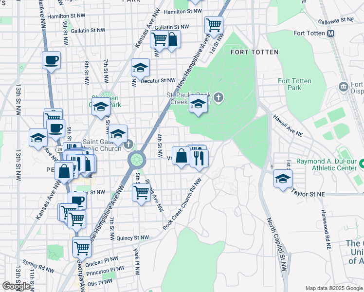 map of restaurants, bars, coffee shops, grocery stores, and more near 4329 3rd Street Northwest in Washington