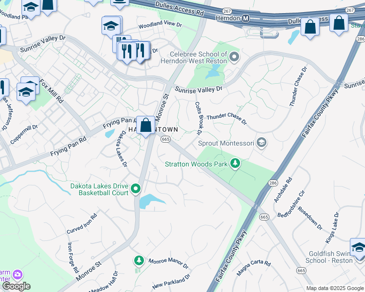 map of restaurants, bars, coffee shops, grocery stores, and more near 2332 Colts Brook Drive in Reston