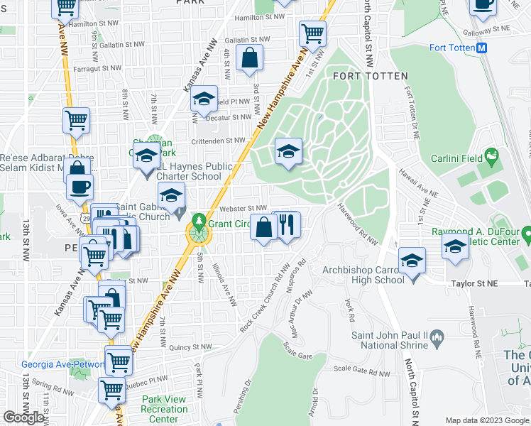 map of restaurants, bars, coffee shops, grocery stores, and more near 4329 3rd Street Northwest in Washington