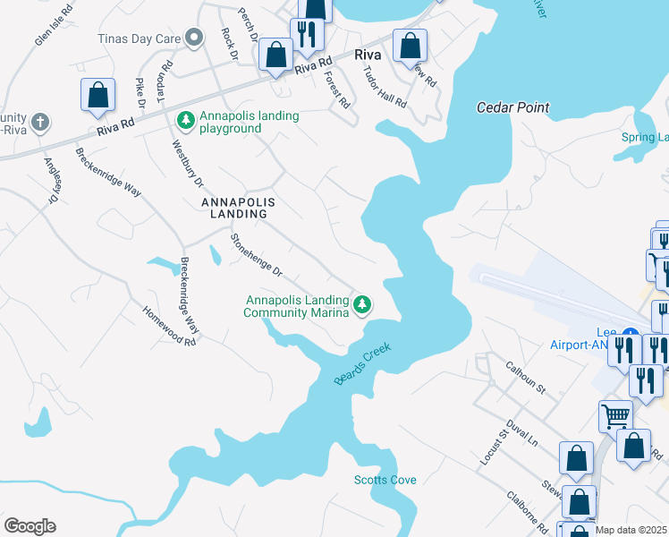 map of restaurants, bars, coffee shops, grocery stores, and more near 359 Westbury Drive in Riva