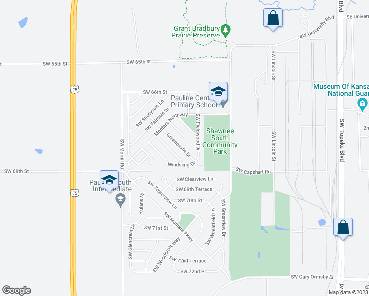 map of restaurants, bars, coffee shops, grocery stores, and more near 6732 Greencastle Drive in Topeka