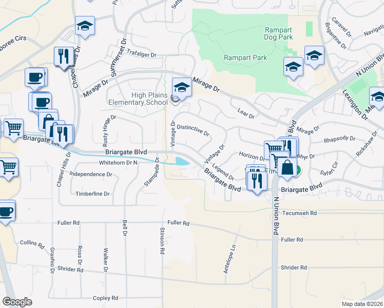 map of restaurants, bars, coffee shops, grocery stores, and more near 2323 Legend Drive in Colorado Springs