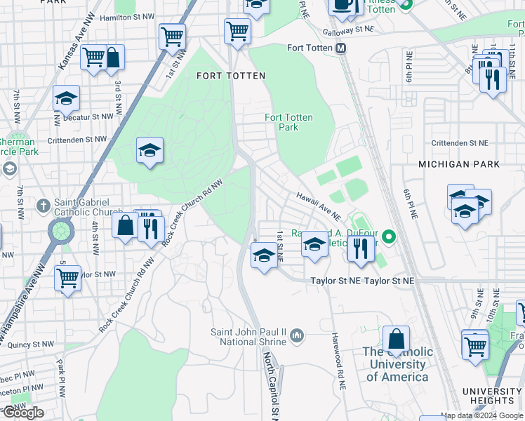 map of restaurants, bars, coffee shops, grocery stores, and more near 4424 1st Place Northeast in Washington