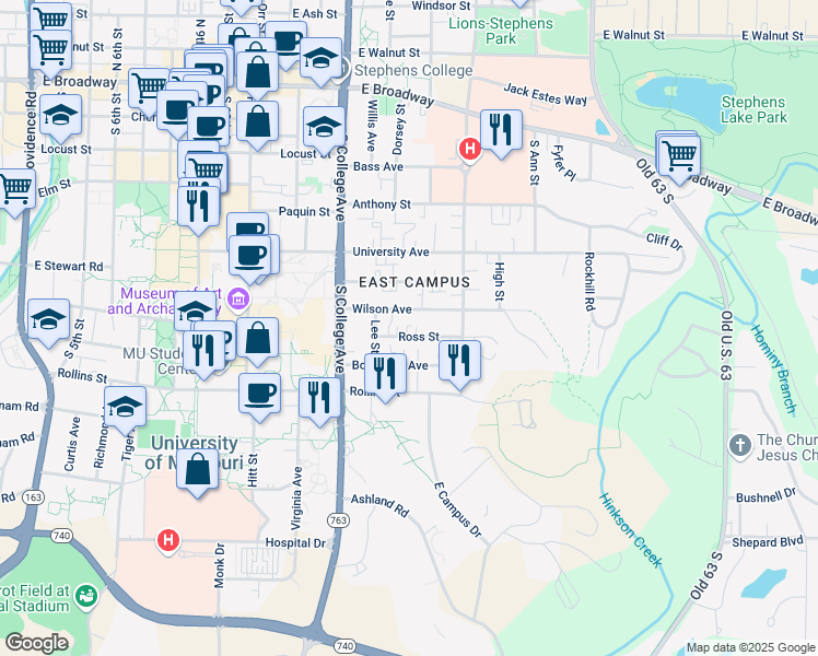 map of restaurants, bars, coffee shops, grocery stores, and more near 1416 Wilson Avenue in Columbia