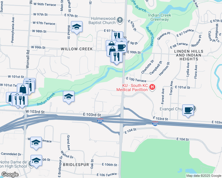 map of restaurants, bars, coffee shops, grocery stores, and more near 602 East 101st Street in Kansas City
