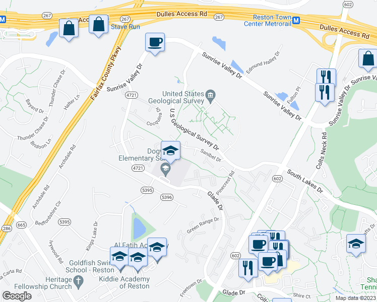 map of restaurants, bars, coffee shops, grocery stores, and more near 2229 Sanibel Drive in Reston