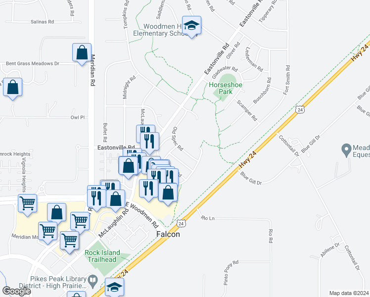 map of restaurants, bars, coffee shops, grocery stores, and more near 7595 Old Spec Road in Peyton