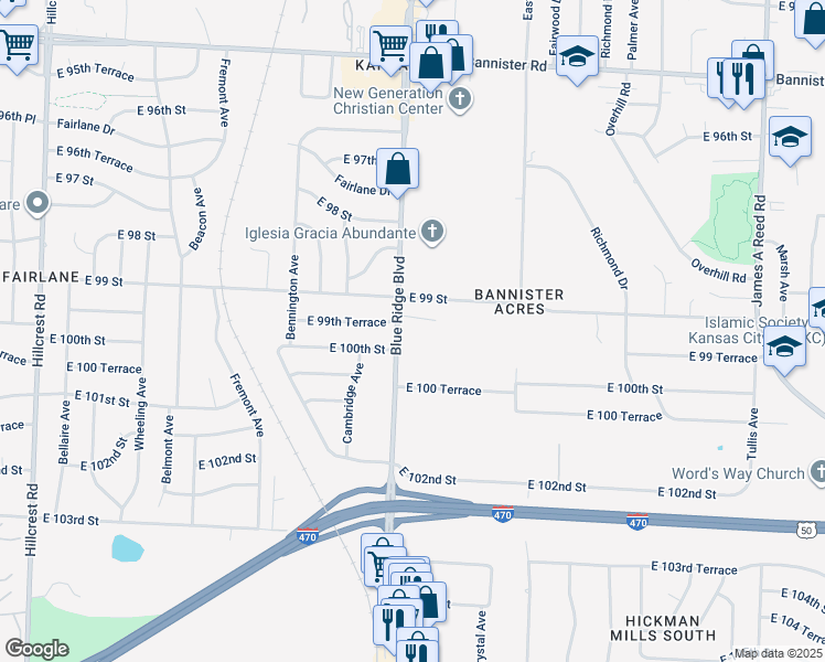 map of restaurants, bars, coffee shops, grocery stores, and more near 9911 Blue Ridge Boulevard in Kansas City