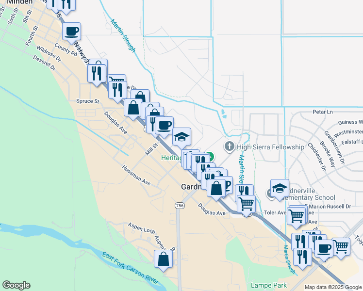 map of restaurants, bars, coffee shops, grocery stores, and more near 1477 U.S. Highway 395 North in Gardnerville