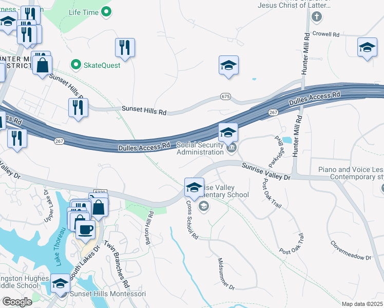 map of restaurants, bars, coffee shops, grocery stores, and more near 1801 Alexander Bell Drive in Reston