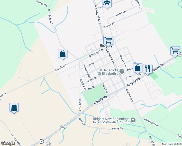 map of restaurants, bars, coffee shops, grocery stores, and more near 111 Park Avenue in Ridgely