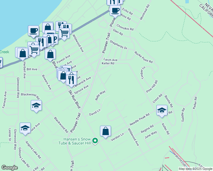 map of restaurants, bars, coffee shops, grocery stores, and more near 1221 Wildwood Avenue in South Lake Tahoe