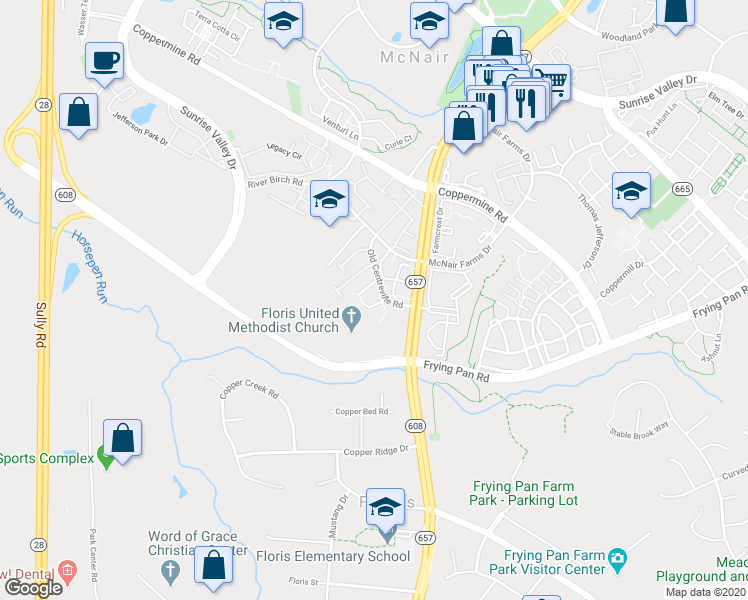 map of restaurants, bars, coffee shops, grocery stores, and more near 13616 Acorn Hunt Place in Herndon