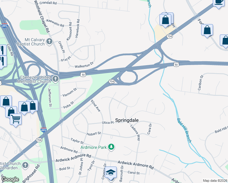 map of restaurants, bars, coffee shops, grocery stores, and more near 3906 Meadowhill Road in Springdale