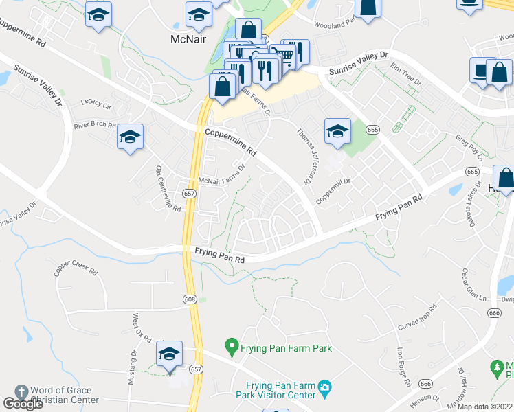 map of restaurants, bars, coffee shops, grocery stores, and more near 13472 Stanton Place in Herndon