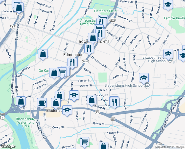 map of restaurants, bars, coffee shops, grocery stores, and more near 5323 Buchanan Street in Bladensburg