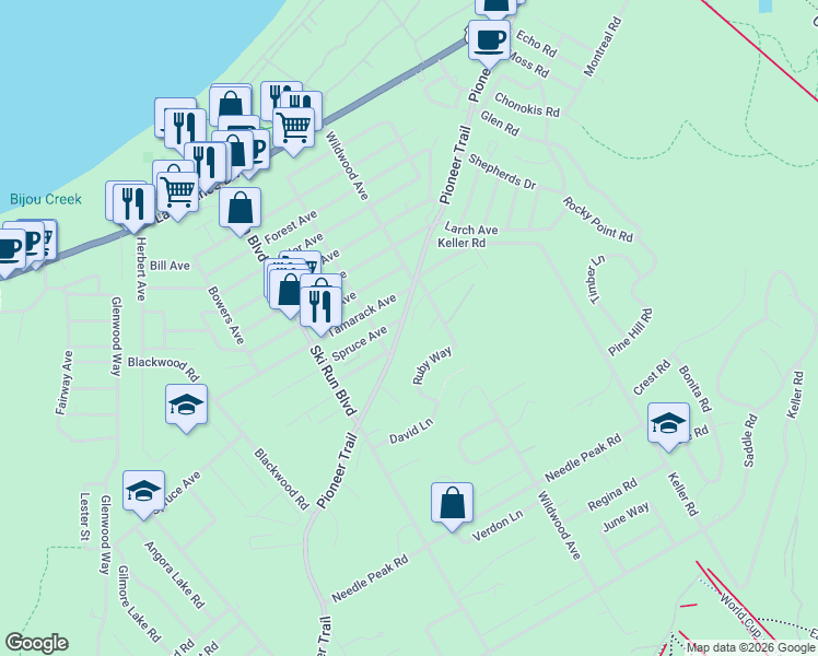 map of restaurants, bars, coffee shops, grocery stores, and more near 1200 Wildwood Avenue in South Lake Tahoe