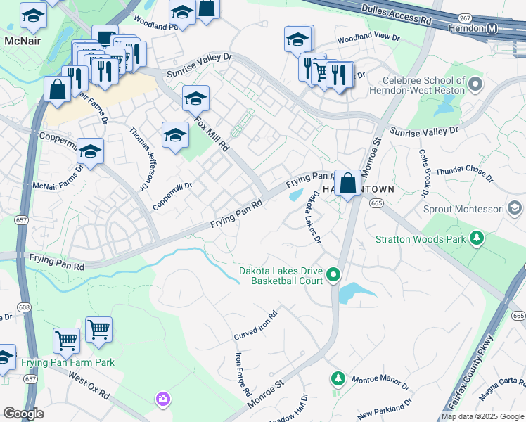 map of restaurants, bars, coffee shops, grocery stores, and more near 2474 Silk Court in Herndon