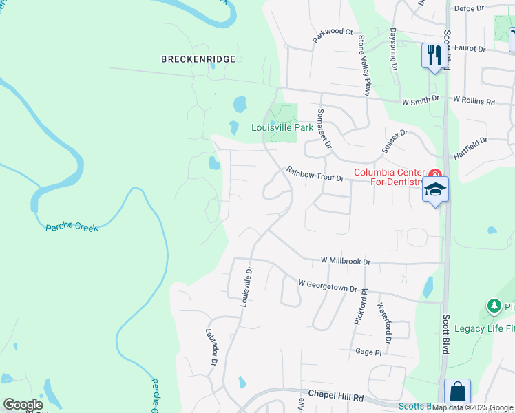 map of restaurants, bars, coffee shops, grocery stores, and more near 1100 Rainbow Trout Drive in Columbia