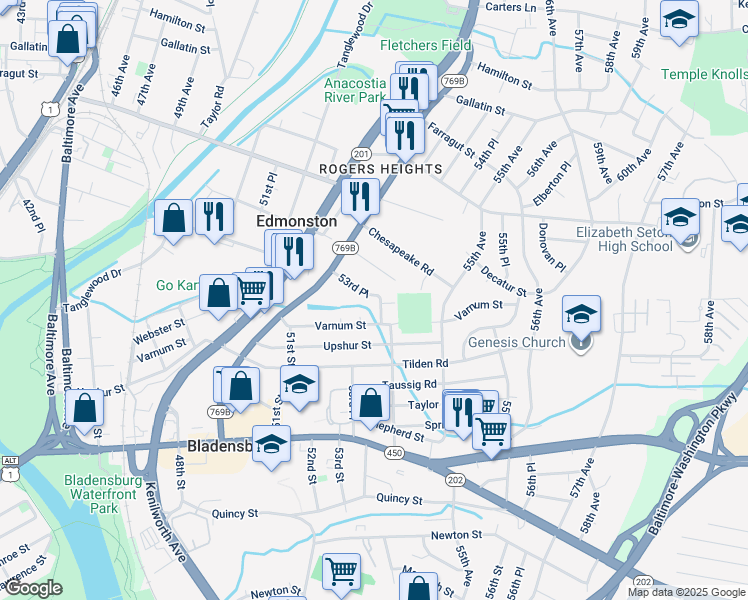 map of restaurants, bars, coffee shops, grocery stores, and more near 5323 Buchanan Street in Bladensburg