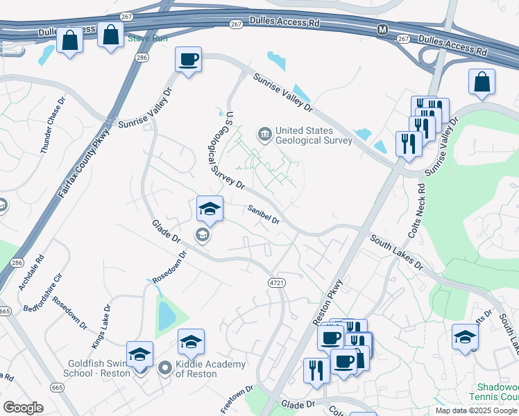 map of restaurants, bars, coffee shops, grocery stores, and more near 2214 Sanibel Drive in Reston