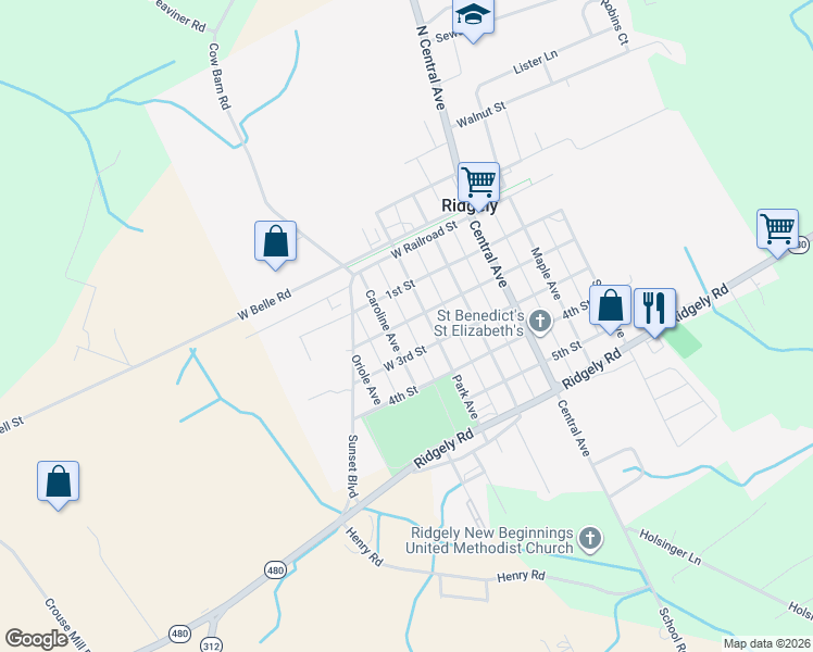 map of restaurants, bars, coffee shops, grocery stores, and more near 111 Park Avenue in Ridgely