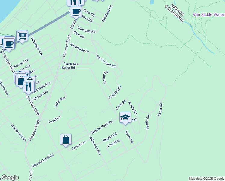map of restaurants, bars, coffee shops, grocery stores, and more near 3317 Pine Hill Road in South Lake Tahoe