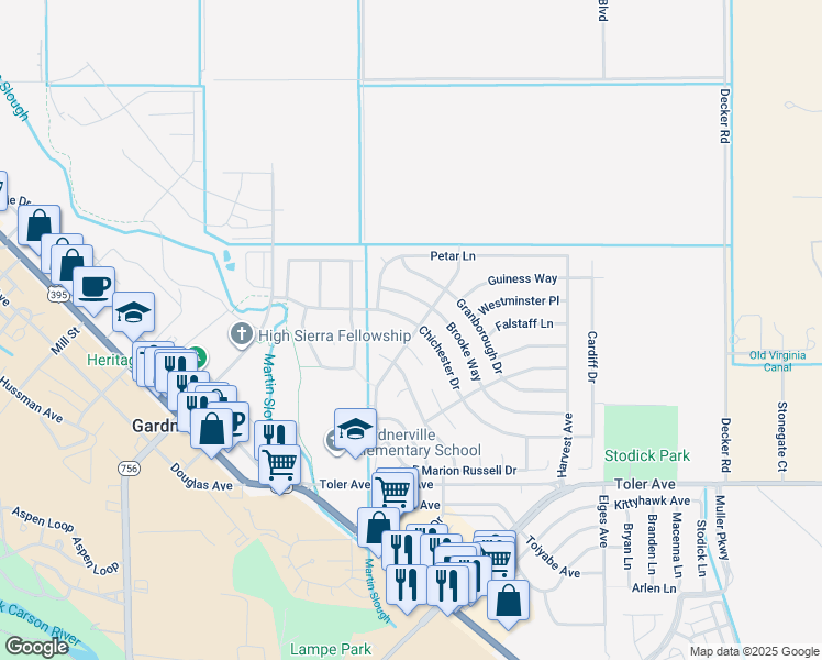 map of restaurants, bars, coffee shops, grocery stores, and more near 1316 Chichester Drive in Gardnerville